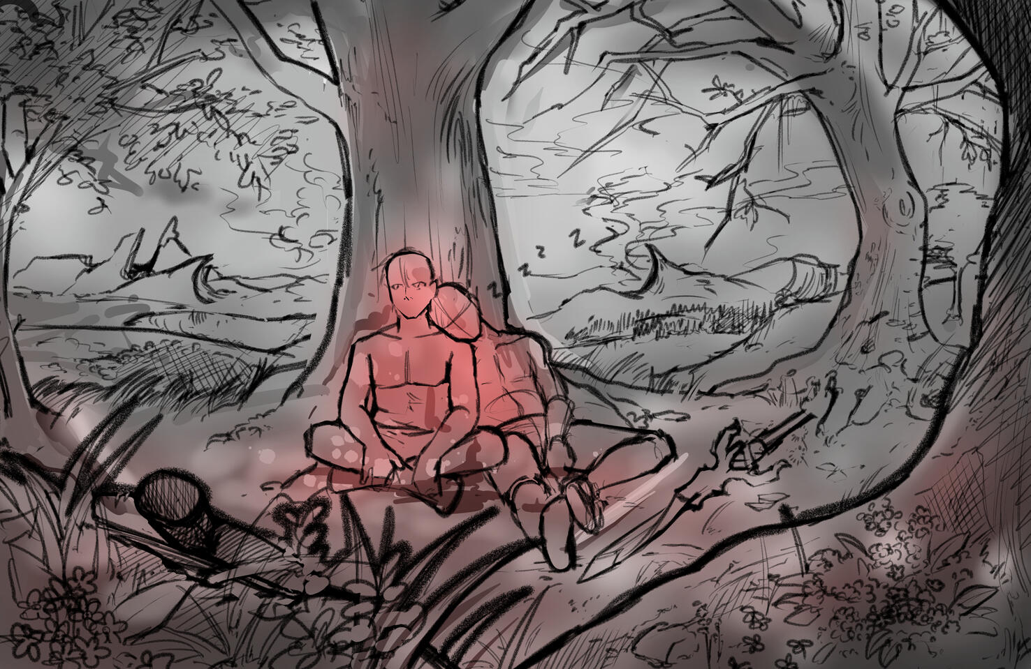 2022. A composition sketch I made while deep into Misfit of the Demon King Academy brain rot.