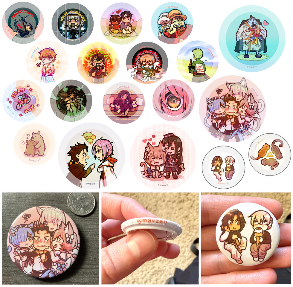 2023 - 2024. Variety of button pins including fan art＊, original characters, & original designs. Bleed area is partially transparent for clarity. (＊Berserk, One Piece, Re:Zero, & Legend of Zelda)