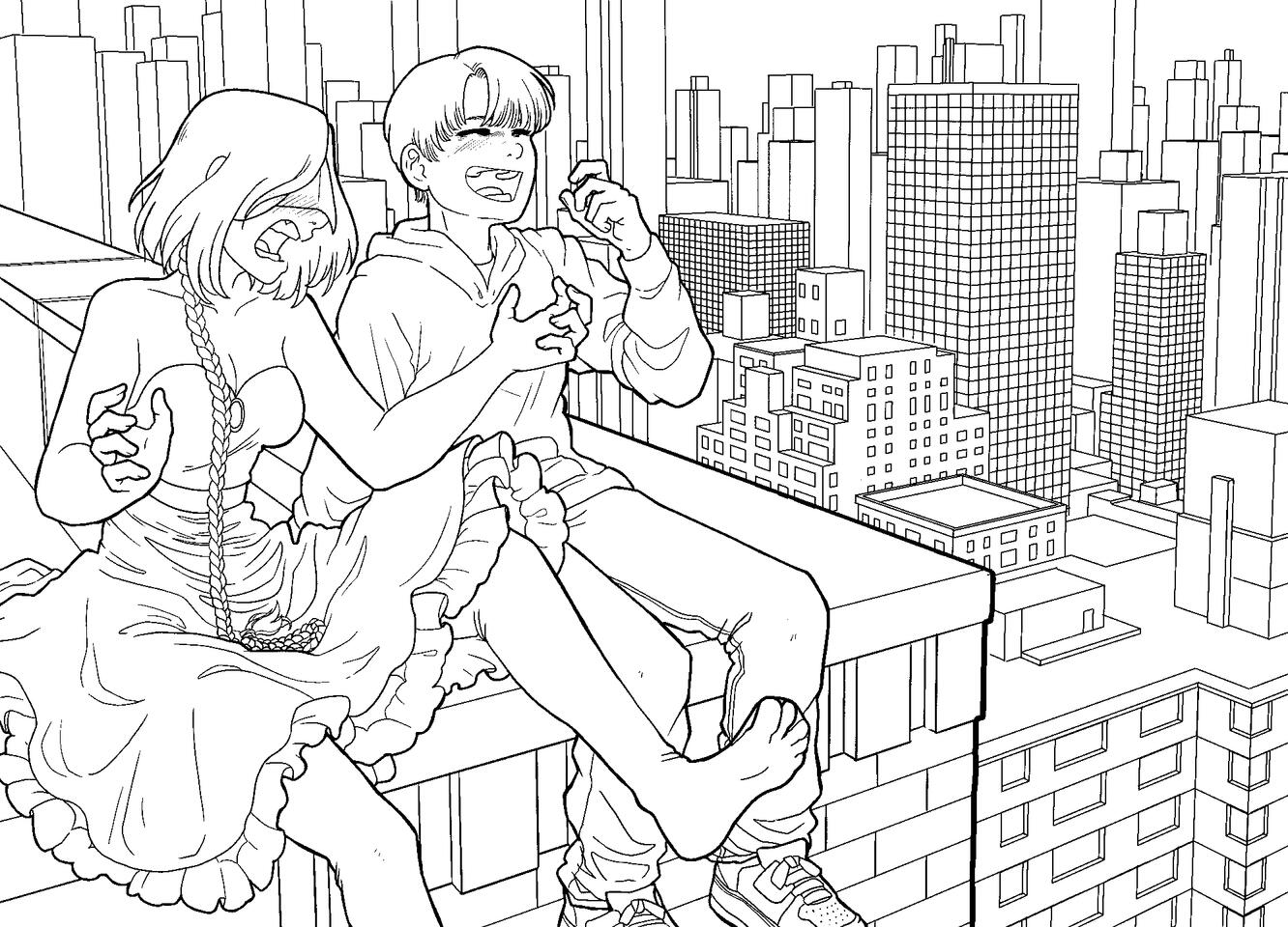 2023. An illustration made to explore the relationship of original characters Crescent (left) and Laylen (right) (from my one of my stories, Little Dawn).