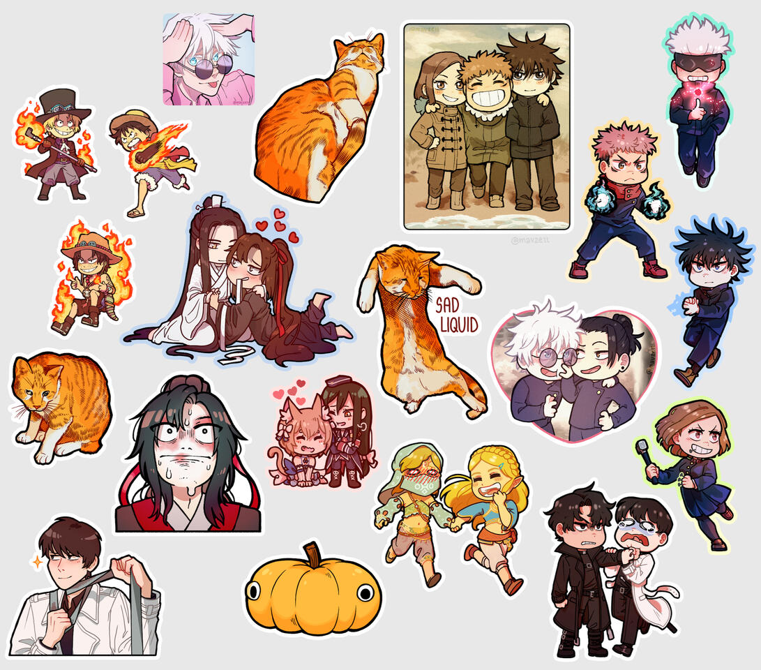 2024 - 2025. Variety of stickers, including fan art*, one of my cats, and a pumpkin. (*Omniscient Reader's Viewpoint, Jujutsu Kaisen, Grandmaster of Demonic Cultivation, Legend of Zelda, & One Piece)