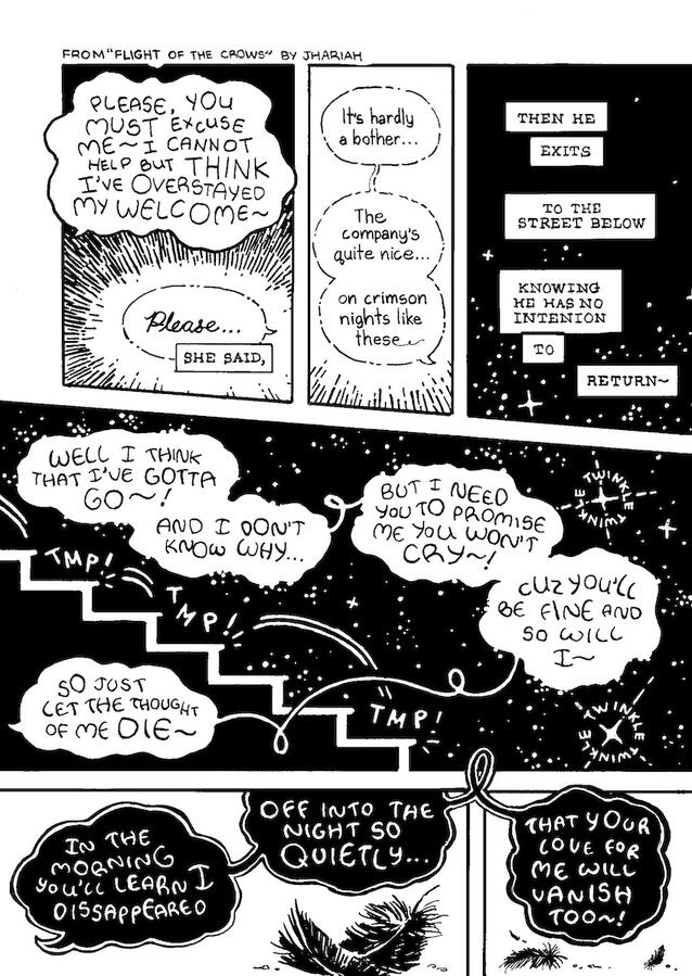 2022. A (covert) Omniscient Reader's Viewpoint fan-comic using Jhariah's song Flight of the Crows for text; this comic was made traditionally with pen and ink, created to play with hand-lettering.